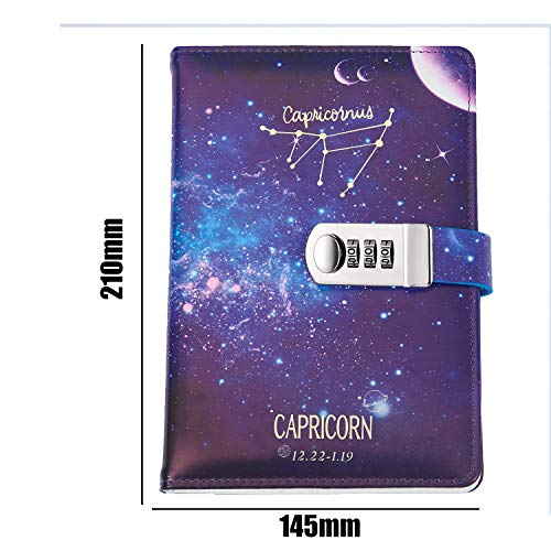 Lirener 12 Constellation Cuaderno de Cuero PU Notebook planificador diario organizador con cerradura de combinación, Contraseña Bloc de Notas Cuaderno Con Coded Lock y kits de decoración, 140x198mm