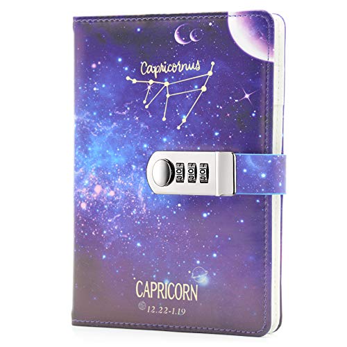 Lirener 12 Constellation Cuaderno de Cuero PU Notebook planificador diario organizador con cerradura de combinación, Contraseña Bloc de Notas Cuaderno Con Coded Lock y kits de decoración, 140x198mm