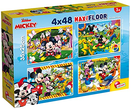 Lisciani Puzzle para niños, 4 puzles de 48 piezas 2 en 1, Doble Cara con reverso para colorear - Disney Mickey Mouse 86610