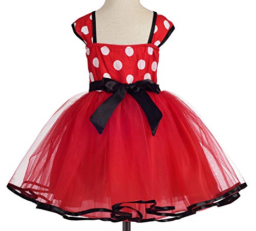 Lito Angels Disfraz de Minnie Mouse para Niña con Orejas de Ratón Aro de Pelo, Vestido de Tul con Lunares de Fiesta Cumpleaños Carnaval, Talla 4-5 años, Rojo