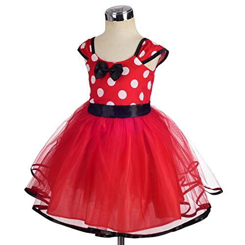 Lito Angels Disfraz de Minnie Mouse para Niña con Orejas de Ratón Aro de Pelo, Vestido de Tul con Lunares de Fiesta Cumpleaños Carnaval, Talla 4-5 años, Rojo