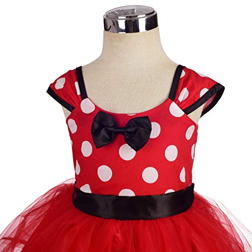 Lito Angels Disfraz de Minnie Mouse para Niña con Orejas de Ratón Aro de Pelo, Vestido de Tul con Lunares de Fiesta Cumpleaños Carnaval, Talla 4-5 años, Rojo