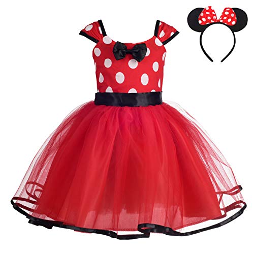 Lito Angels Disfraz de Minnie Mouse para Niña con Orejas de Ratón Aro de Pelo, Vestido de Tul con Lunares de Fiesta Cumpleaños Carnaval, Talla 4-5 años, Rojo