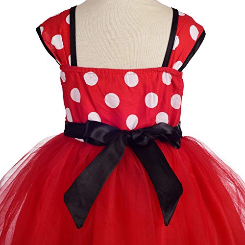 Lito Angels Disfraz de Minnie Mouse para Niña con Orejas de Ratón Aro de Pelo, Vestido de Tul con Lunares de Fiesta Cumpleaños Carnaval, Talla 4-5 años, Rojo