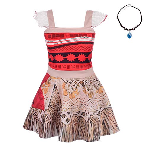 Lito Angels Niñas Vestidos Disfraz de Princesa Moana Vaiana Traje de Aventura Disfraces de Fiesta Elegante con Collar Talla 5-6 años