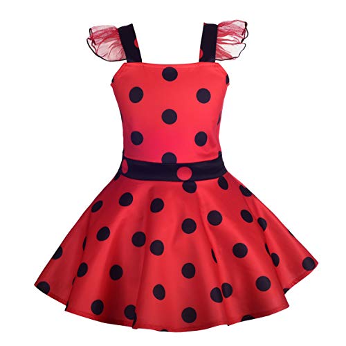 Lito Angels Vestido de Ladybug para Niña Disfraz de Mariquita de Halloween Fiesta de Cumpleaños Carnaval Festival Falda de Lunares Rojo Talla 7 a 8 Años