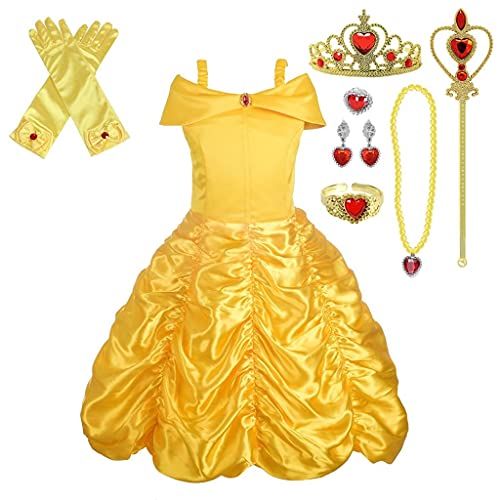 Lito Angels Vestido de Princesa Bella Disfraz la Bella y la Bestia con Corona y Accesorios para Niñas Talla 7-8 Años, Amarillo 077