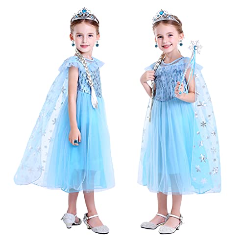 LiUiMiY Disfraz de Princesa Niñas Vestido de Carnaval Fiesta Halloween Cosplay Navidad Costume con Accesorio, Azul, 128-134 (Etiqueta 130)