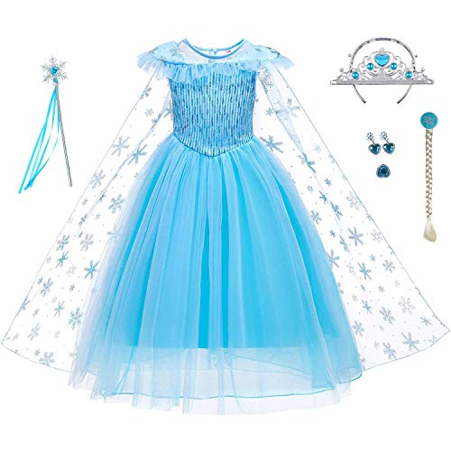 LiUiMiY Disfraz de Princesa Niñas Vestido de Carnaval Fiesta Halloween Cosplay Navidad Costume con Accesorio, Azul, 128-134 (Etiqueta 130)