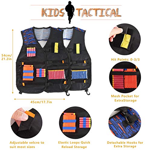 Locisne 2 Kit Chaleco táctico niños Paquetes para Nerf Toy Gun N-Strike Elite Series(con 100 Dardos de Espuma+2 Gafas+2 máscara+2 Clip de Recarga rápida+2 Pulsera+2 dardo Bolsa+2 Funda)