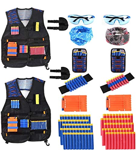 Locisne 2 Kit Chaleco táctico niños Paquetes para Nerf Toy Gun N-Strike Elite Series(con 100 Dardos de Espuma+2 Gafas+2 máscara+2 Clip de Recarga rápida+2 Pulsera+2 dardo Bolsa+2 Funda)