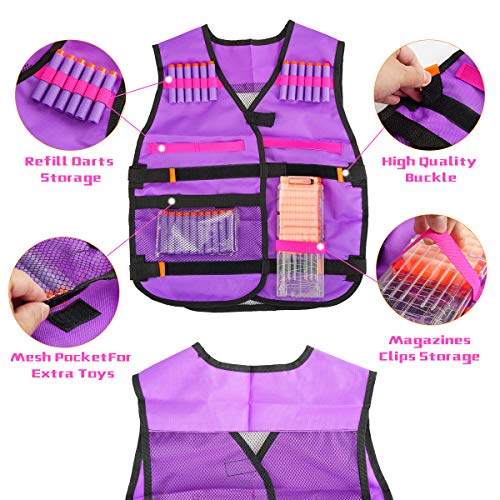 Locisne Chaleco táctico para niñas,Kit Chaleco táctico con 100 Balas Recarga,2 muñequeras,1 máscara Bufanda,1 máscara Protectora,1 Clip Recarga Dardos para N-Strike Elite Series