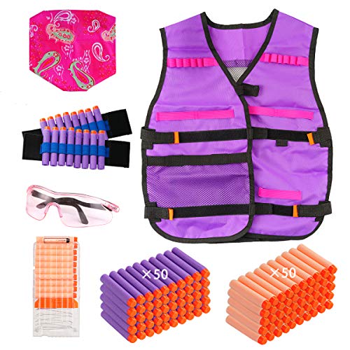 Locisne Chaleco táctico para niñas,Kit Chaleco táctico con 100 Balas Recarga,2 muñequeras,1 máscara Bufanda,1 máscara Protectora,1 Clip Recarga Dardos para N-Strike Elite Series