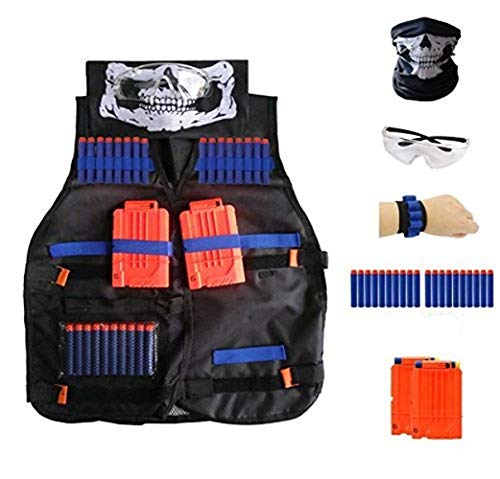 Locisne Chaleco táctico para niños Traje de chaqueta para serie de élite Toy Gun N-Strike(20 piezas de espuma Dardos+Gafas protectoras+Máscara de calavera+2pcs 6-dart Recargar Clip+1pcs 8 dart)