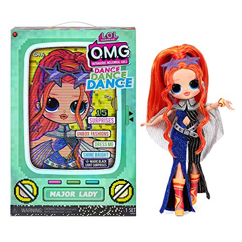 LOL Surprise OMG Dance Dance Dance Muñeca Major Lady con 15 sorpresas, Ropa, Luz Negra Mágica, Accesorios de Moda, Zapatos, Soporte para Muñecas y Packaging de TV. Para Niñas a Partir de 4 Años.