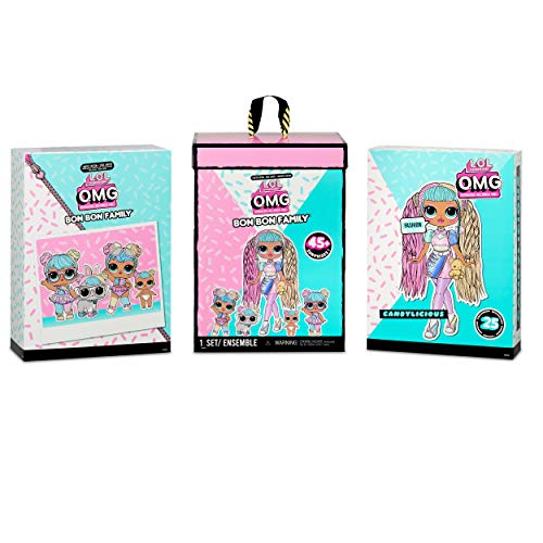 LOL Surprise OMG Familia Bon Bon con más de 45 sorpresas que incluyen muñeca Candylicious OMG, Bon Bon, Bling Bon Bon, Lil Bon Bon, Hop Hop, Accesorios y Juego Plegable, Niñas de 36 meses a 10 años