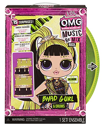 LOL Surprise OMG Remix Rock Muñeca BHAD GIRL - 15 sorpresas que incluyen batería, vestido, zapatos, cepillo, soporte para muñecas, letras y paquete de tocadiscos - Edad: 4+