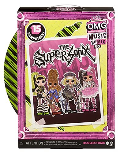 LOL Surprise OMG Remix Rock Muñeca BHAD GIRL - 15 sorpresas que incluyen batería, vestido, zapatos, cepillo, soporte para muñecas, letras y paquete de tocadiscos - Edad: 4+