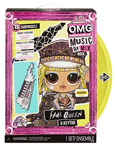 LOL Surprise OMG Remix Rock Muñeca FAME QUEEN - 15 sorpresas que incluyen keytar, vestido, zapatos, cepillo, soporte para muñecas, letras y paquete de tocadiscos - Edad: 4+