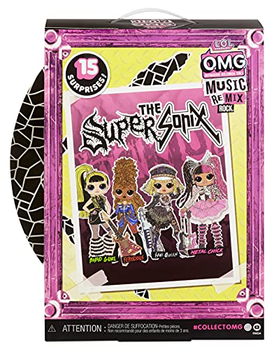 LOL Surprise OMG Remix Rock Muñeca FAME QUEEN - 15 sorpresas que incluyen keytar, vestido, zapatos, cepillo, soporte para muñecas, letras y paquete de tocadiscos - Edad: 4+