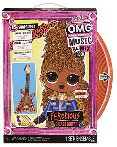 LOL Surprise OMG Remix Rock Muñeca FEROCIOUS - 15 sorpresas que incluyen bajo, vestido, zapatos, cepillo, soporte para muñecas, letras y paquete de tocadiscos - Edad: 4+