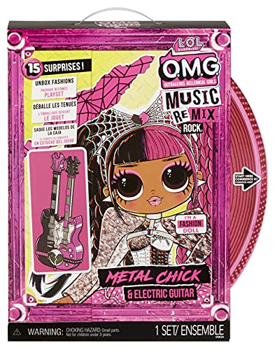 LOL Surprise OMG Remix Rock Muñeca METAL CHICK - 15 sorpresas que incluyen guitarra eléctrica, vestido, zapatos, cepillo, soporte para muñecas, letras y paquete de tocadiscos - Edad: 4+