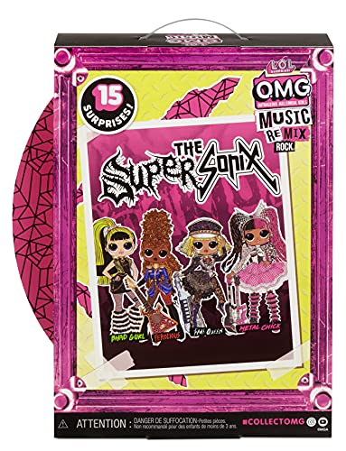 LOL Surprise OMG Remix Rock Muñeca METAL CHICK - 15 sorpresas que incluyen guitarra eléctrica, vestido, zapatos, cepillo, soporte para muñecas, letras y paquete de tocadiscos - Edad: 4+