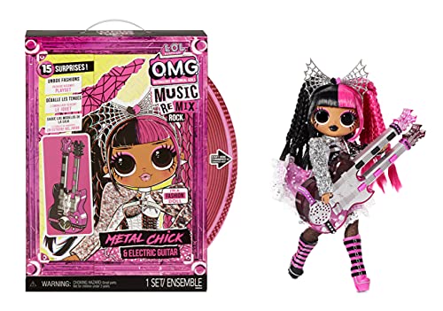 LOL Surprise OMG Remix Rock Muñeca METAL CHICK - 15 sorpresas que incluyen guitarra eléctrica, vestido, zapatos, cepillo, soporte para muñecas, letras y paquete de tocadiscos - Edad: 4+