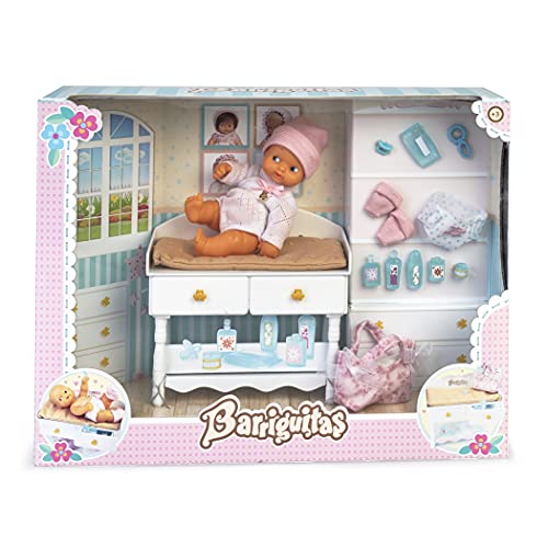 los Barriguitas - Cambiador para bebé, incluye una muñeca barriguitas de siempre y muchos accesorios para completar colección casita de muñecas para niñas y niños desde 3 años, Famosa (700016654)