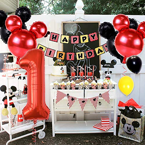 Los suministros fiesta cumpleaños Mickey Mouse incluyen pancarta, 1 globos aluminio y diademas las orejas, adorno tarta, decoraciones primer cumpleaños bebé