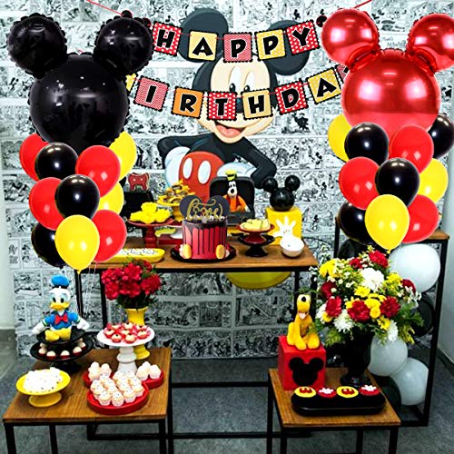 Los suministros fiesta cumpleaños Mickey Mouse incluyen pancarta, 1 globos aluminio y diademas las orejas, adorno tarta, decoraciones primer cumpleaños bebé