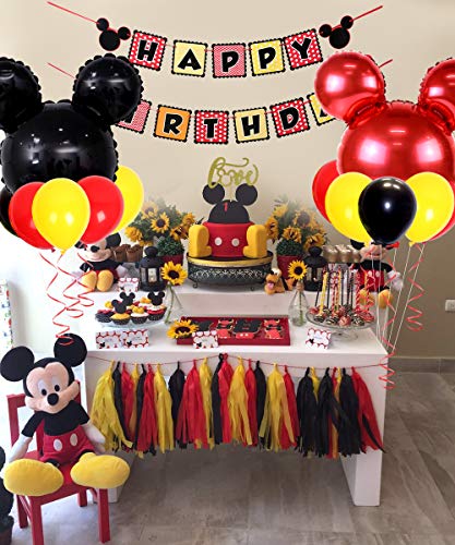 Los suministros fiesta cumpleaños Mickey Mouse incluyen pancarta, 1 globos aluminio y diademas las orejas, adorno tarta, decoraciones primer cumpleaños bebé