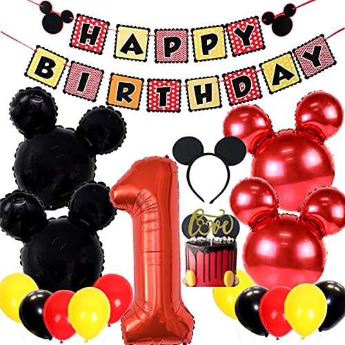 Los suministros fiesta cumpleaños Mickey Mouse incluyen pancarta, 1 globos aluminio y diademas las orejas, adorno tarta, decoraciones primer cumpleaños bebé