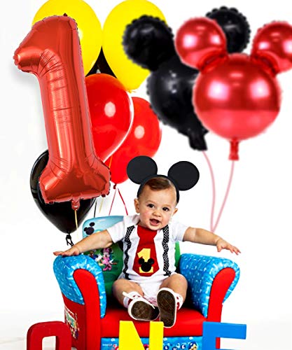 Los suministros fiesta cumpleaños Mickey Mouse incluyen pancarta, 1 globos aluminio y diademas las orejas, adorno tarta, decoraciones primer cumpleaños bebé