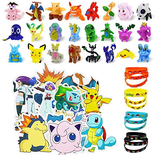 Lunriwis figuras pokemon Monster,24 mini figuras pokemon pikachu 12 Pulsera de Silicona, 50 pegatinas pokemon,