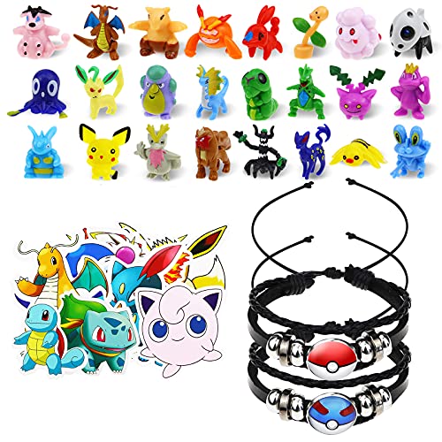 Lunriwis Juego de Juguetes de Pokémon de Pokémon, 24 Unidades de Minifiguras de Pokémon, 2 Pulsera Trenzada de Pokemon, 50 Unidades de Pegatinas de Pokémon para niños, Regalo de Fiesta