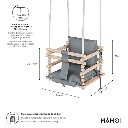 MAMOI - Columpio para niños, Columpio 3 en 1 + cinturón de Seguridad, Columpio para niños pequeños, Columpio para bebé y Columpio, Columpio de Madera para niños … (Grau, Hellgrau)