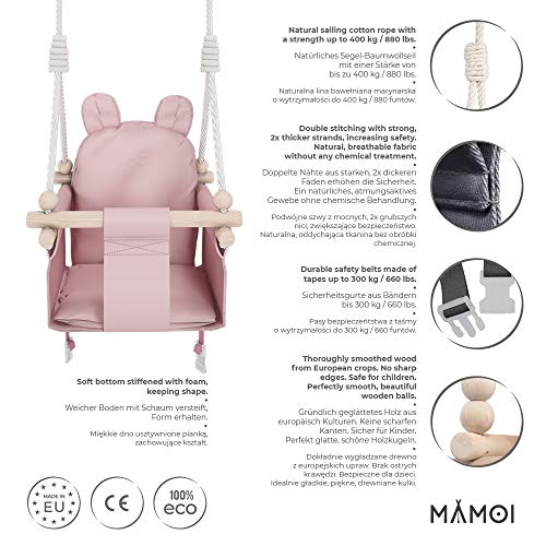 MAMOI Juego de columpio para bebé, columpio de madera, incluye cinturón de seguridad, ideal como columpio de bebé al aire libre, columpio de interior, columpio de jardín (rosa Teddybär)