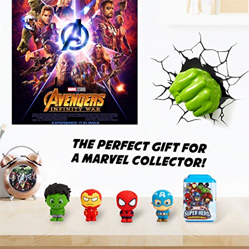 Marvel Figuras para Niños, Pack 5 Muñecos Iron Man Spiderman Capitan America y Hulk, Gomas de Borrar Coleccionables, Regalos Originales para Niños Edad 3+