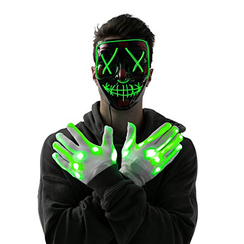 Máscara y Guantes Iluminosas Disfraz de Halloween con Luces LED 3 Modos de Iluminación para Fiestas