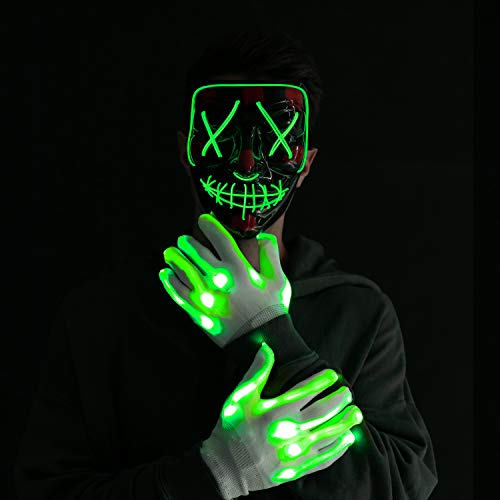 Máscara y Guantes Iluminosas Disfraz de Halloween con Luces LED 3 Modos de Iluminación para Fiestas