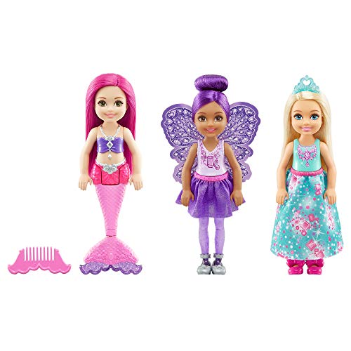 Mattel Barbie Dreamtopia-Pack de 3 muñecas Chelsea Sirena, Hada y Princesa, Multicolor FPL86