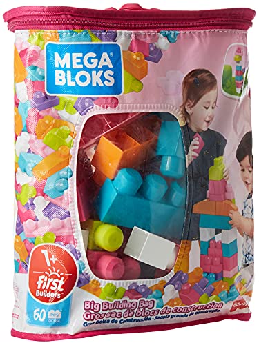 Mega Bloks Juego de construcción de 60 piezas, bolsa ecológica rosa, juguetes bebés 1 año (Mattel DCH54)