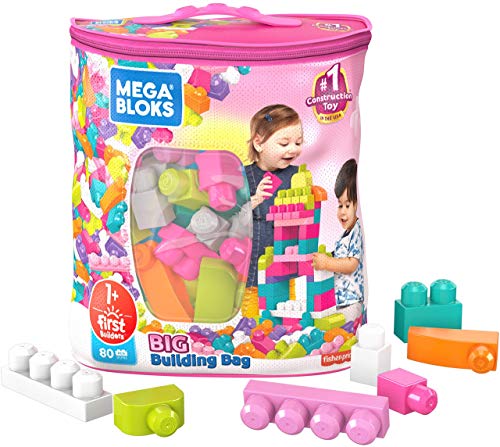 Mega Bloks Juego de construcciones 80 piezas con bolsa ecológica rosa, juguete bebé +1 año (Mattel DCH62)