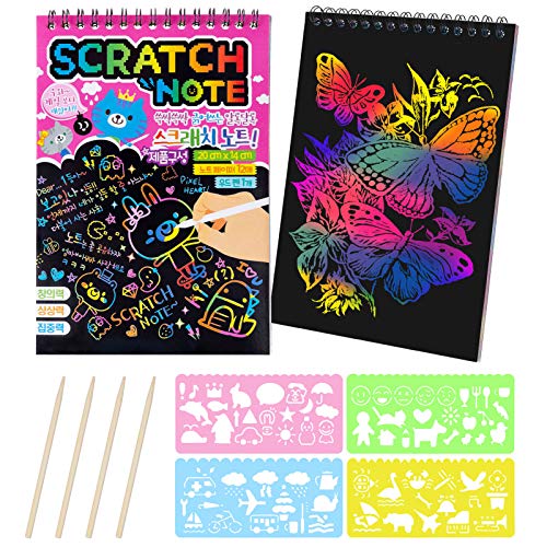 MELLIEX 2 Piezas Scratch Art Paper Notebook, Kit de Manualidades de Papel de Arte de Rascar para Niños Adultos con Regla de Dibujo y Plumas de Madera