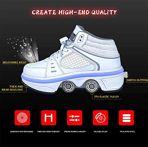 MENG Mujeres Patines de Patines Quad, Zapatos Ajustables de la Deformación de Doble Fila Zapatos para Caminar Automáticos Zapatos de Zapatillas de Deporte de Patinaje Invisible,Blanco,37