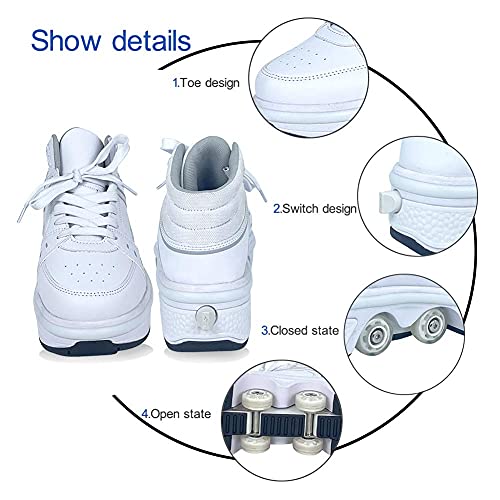 MENG Mujeres Patines de Patines Quad, Zapatos Ajustables de la Deformación de Doble Fila Zapatos para Caminar Automáticos Zapatos de Zapatillas de Deporte de Patinaje Invisible,Blanco,37