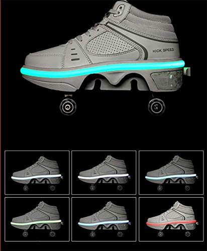 MENG Mujeres Patines de Patines Quad, Zapatos Ajustables de la Deformación de Doble Fila Zapatos para Caminar Automáticos Zapatos de Zapatillas de Deporte de Patinaje Invisible,Blanco,37