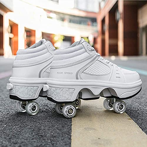 MENG Mujeres Patines de Patines Quad, Zapatos Ajustables de la Deformación de Doble Fila Zapatos para Caminar Automáticos Zapatos de Zapatillas de Deporte de Patinaje Invisible,Blanco,37