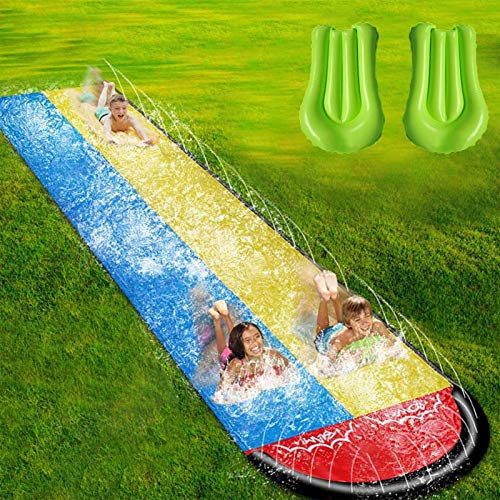 MEYENG Columpio para niños con 2 bodyboard, tobogán de agua doble con aspersor de dos carriles, para carreras, 480 x 140 cm